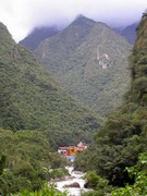 view from the road to Machu Picchu back to Aguas Calientes. The orange house: hotel.