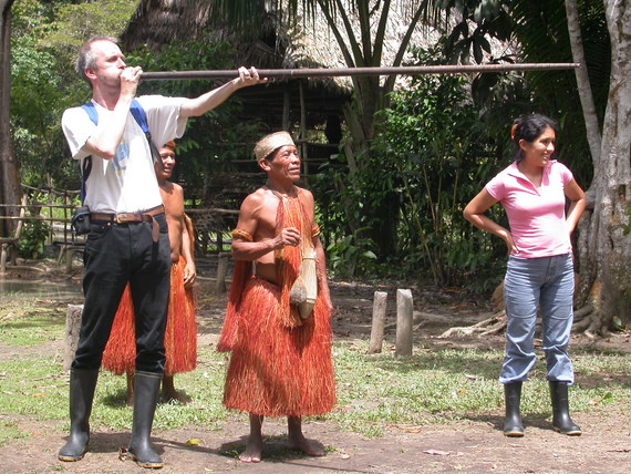 by the Indians, trying a blow gun (one of the authors: Tapani Hegewald)