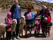 two of the authors on a typical tourist photo with an Andean family and their animals at pass La Raya 