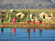 Lake Titicaca, a floating village of the Uros tribe, close up