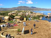 Lake Titicaca, view over the floating villages of the Uros tribe