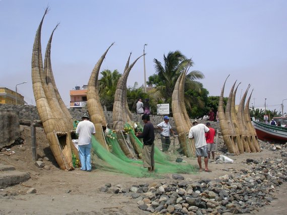 Huanchaco by Trujillo, ancient fisher boats, caballitos